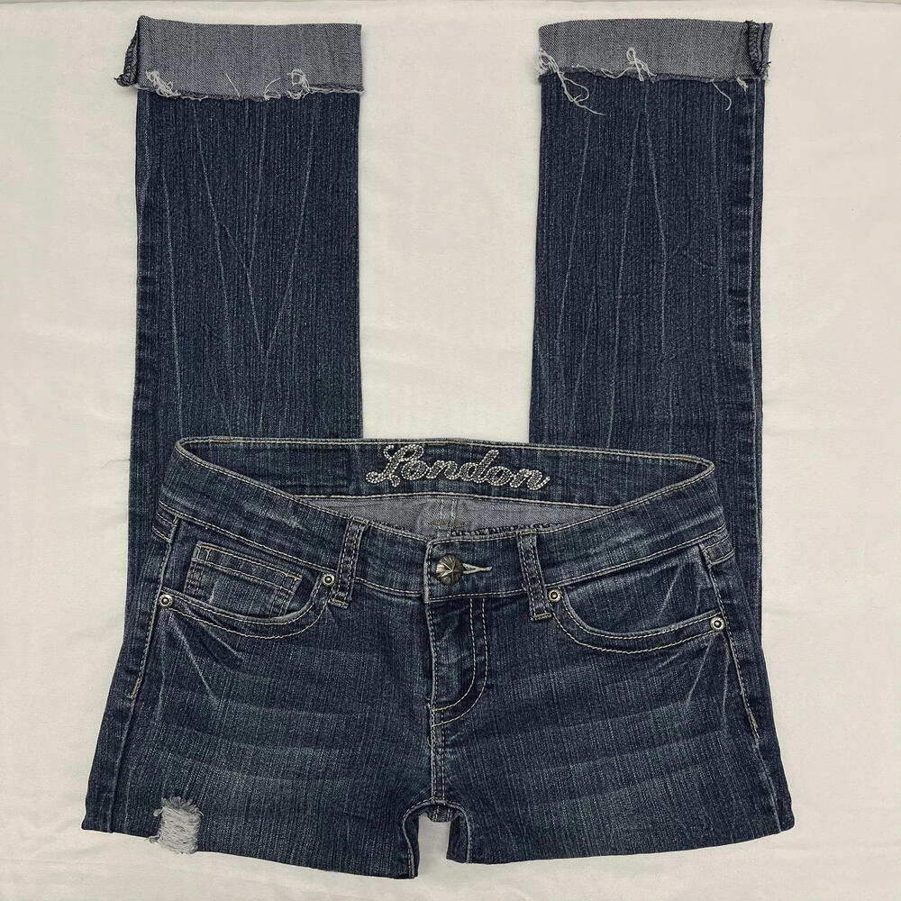 Y2K Bongo London blue distressed low rise skinny jeans Sz 3 Scenecore Emo Grunge
